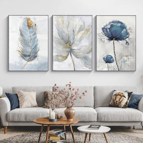 FSLEOVN 3er Set Blau Poster Blumen Aesthetic Bilder Modern Blumen Feder Leinwandbilder Stilvolle Kunstdrucke Wandbilder Wohnzimmer Ohne Rahmen Bilder (50x70cm)