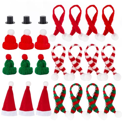 BOFUNX 24 Stücke Mini Weihnachtsmütze und Schal Set, Kleine Nikolausmütze Weihnachtsschal für Weihnachtsdeko Puppenzubehör Flaschendeko Tischdeko Partydeko