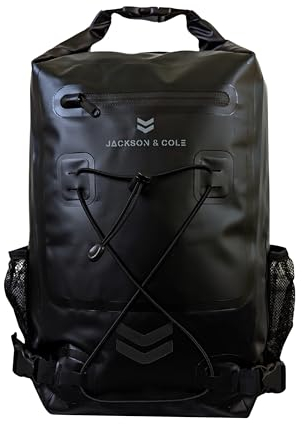 Jackson & Cole Waterproof Backpack - 25L Dry Bag Backpack - Rolltop, Reflective, Webbing for Watersports, Motorcycling, Camping, Hiking, Boating, Fishing (Black)