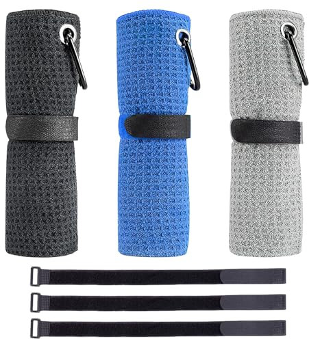 ZOCONE 3 Pack Golf Towel, 30 * 30cm Golf Towels for Golf Bags with Clip, 3 Colour Microfiber Golf Towel for Men Women, Tri Fold Golf Bag Towel with 3 Magic Strap, Cotton Golf Towel Cleaning Golf Ball