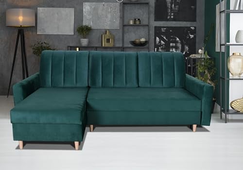 Corner Sofa, Green Velvet. L Shaped Sofa Bed with two storage compartments. Left or Right