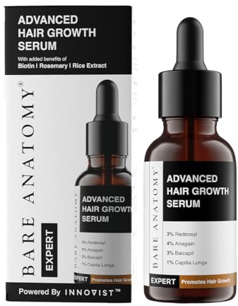 Bare Anatomy Advanced Hair Growth Serum| 3% Redensyl - 2x Better Results than Minoxidil | + 4% Anagain + 3% Baicapil | Rosemary, Biotin | Hair growth & Hair fall control serum for Women & Men | 30mL