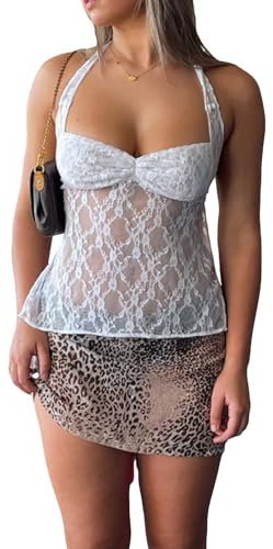 Yassiglia Women Y2K Lace Top Sexy Slim Fit Backless Camisole Tops Ladies Tie-Up Halter Neck Tank Top Summer Sleeveless Vests Streetwear (White, S)