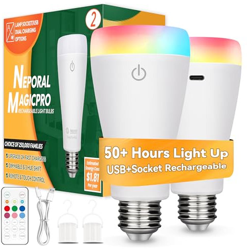Neporal MAGICPRO Smart Rechargeable Light Bulbs with Remote, USB+Socket Rechargeable, 2 Hrs Fast Charging, 9+3 Colours, Lasts 5-52 Hrs (MagicPro RGB, Count, 2)