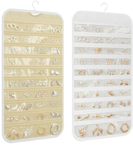 DonYeco 1-Pack Hanging Jewelry Organizer Dual-sided 80-Pocket Jewelry Storage for Earring Necklace Bracelet Ring and more, White and Beige