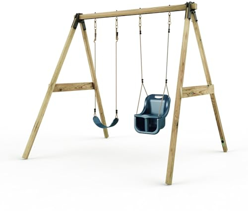 Rebo Glide Wooden Double Swing Set with Two Swing Seats – Tulip (Navy Blue Belt & Baby Swings) | OutdoorToys | Kids Outdoor Wooden Play Equipment for Gardens, Frame & Accessories Included