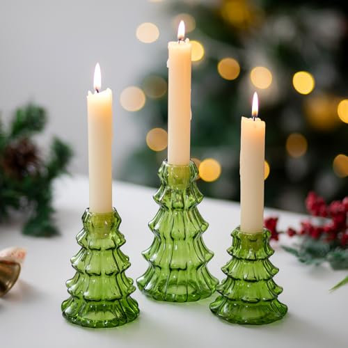 Glasseam Christmas Tree Candle Holders: Set of 3 Glass Candlestick Holders Green Candle Sticks Holder Modern Christmas Candle Holder for Taper Candles Home Decor Table Centrepiece Decorations Gift