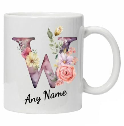 Personalised Mug Cup Watercolour Beautiful Floral Initial Name Tea Coffee Boxed Gift Christmas Gifts for Her Drinkware Ceramic (Letter W)
