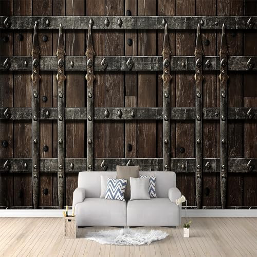 Mural de pared de fondo de madera con rejilla de metal, 350 x 256 cm, papel pintado fotográfico marrón, mural de pared para niños, dormitorio, decoración del hogar