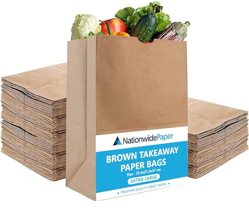Nationwide Paper 200pcs Extra Large Brown Paper Bags No Handles Strong Takeaway Kraft Paper Bags for Grocery, Fruits, Snacks, Lunch, Birthday, Wedding, Supplier, and Vegetables (35.5x21.5x37cm)