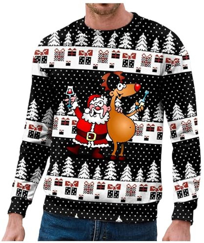 erstklassiges Frühangebot Weihnachtspullover Herren Hässlich lustiger Weihnachtspulli 3D Druck Pulli Rundhals Langarm Strickpullover Atmungsaktiv Christmas Sweater Fall Coat Sales