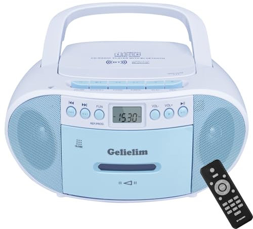 Gelielim Boombox CD portatile Bluetooth con lettore di cassette, radio AM/FM, tutto in uno, potente stereo Boom Box, lettore CD per casa con telecomando, USB/registrazione/display LCD, alimentazione