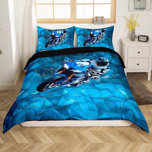 Loussiesd Dirt Bike Bettwäsche Set 155x220cm Blaue Wabe Betten Motorrad Wabe Bettbezug 3D Effekt Bettwäsche-Set Hexagonal Moderne Kunst
