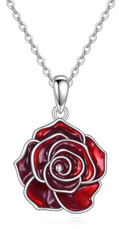 ONEFINTIY Red Rose Necklace 925 Sterling Silver Red Flower Pendant Enamel Rose Flower Jewellery Gifts For Women (rose)