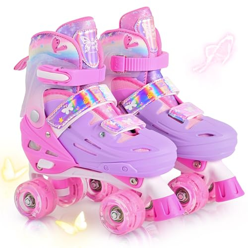 2PM SPORTS Patines de 4 Ruedas Niñas Ajustables para Niños Principiantes | 4 tallas ajustables, rodamientos ABEC-7, ruedas de PU 82A, marco de aluminio, triple protección