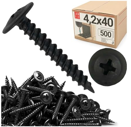 LUN FIX Selbstschneidende Schrauben 4,2x40 mm 500 Stk Kunststoff | Blechschrauben Schwarz Phosphatiert Flanschkopf Holzschrauben Für Blech Spanplatten Trockenbau Zubehör Akustikpaneele