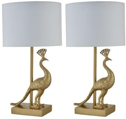 Set of 2 Majestic - Gold Peacock Table Lamps with White Shades