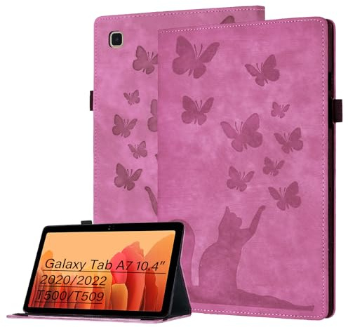 Bemoloon PU Tablet Case for Samsung Galaxy Tab A7 10.4 2020/2022 T500/T509 Cat&Butterfly Flip Tab Cover, Stand, Scratch-Resistant, Card Slot, Pen Holder, Pink