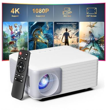 Mini Portable Projector, Full HD 1080P 4K Compatible with Movie Projector, Portable Small Projector for Home Theater or Bedroom, Compatible with iOS, Android, TV Stick, Laptop, HDMI, USB
