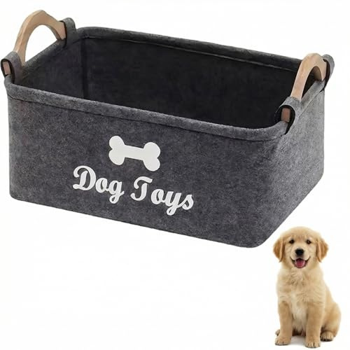YDUDUM Dog Toy Box, 15 x 10 x 7 inches Dog Toy Storage Dog Toy Basket With Wooden Handle Grey Black Rectangular Toy Box for Dogs