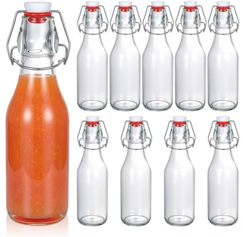 10 Pcs 250ml Clear Glass Clip Top Bottles Swing Flip Beverage Containers | Tight sealing glass bottles for juice, lemonade, oil, vinegar and daily beverages