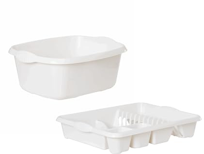 Aurora - Plastic Rectangular Washing Up Bowl & Large Dish Drainer Rack Plate Holder Kitchen Sink Set of 2 (Snow White)