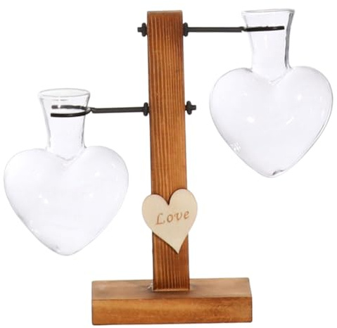 Terrarium pour Plantes avec Support en Bois, Station de Propagation de jardinière en Forme cœur en Verre, vases Propagation à Affichage Transparent 8 Pouces pour la Maison, Le Bureau et Le b