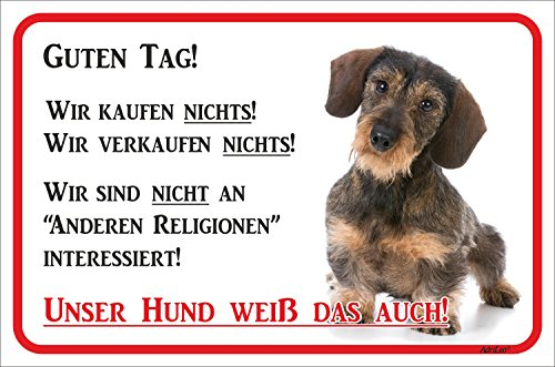 AdriLeo Schild - Vorsicht Rauhaardackel - Wir kaufen nichts - (15x20cm) / Achtung Hund Wachhund Dackel Teckel Dachshund robust langlebig UV-beständig wetterfestes Warnschild