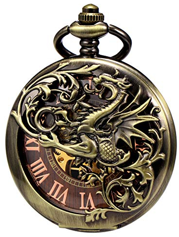 TREEWETO Unisex Taschenuhr mit Kette Analog Handaufzug Doppelscharnier Antik Drache Skelett Bronze Holz Maserung