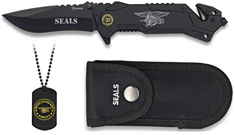 Navaja NAVY SEALS con Chapa para Caza, Pesca, Camping, Outdoor, Supervivencia y Bushcraft Albainox 19437GR221 + Portabotellas de regalo