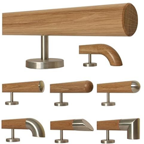 TIBU Eiche Holz Handlauf Geländer 0,3m - 6m, Länge 50 cm, Ende gefast und 2 gerade Halter