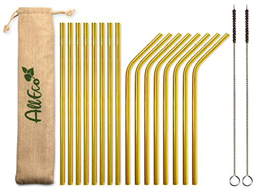 AllEco® Lot de 16 pailles réutilisables en acier inoxydable - Couleurs vives + 2 brosses de nettoyage + sac écologique - Pailles métalliques or rose, noir, bleu, violet, arc-en-ciel