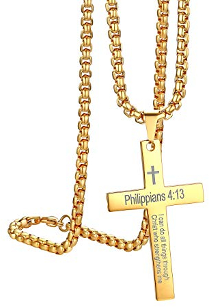 Flongo Herrenkette Männer Anhänger Kette, Edelstahl Anhänger Halskette Gold Jesus Kreuz Philippians 4:13 Englisch Bibel Lords Prayer Herren-Accessoires