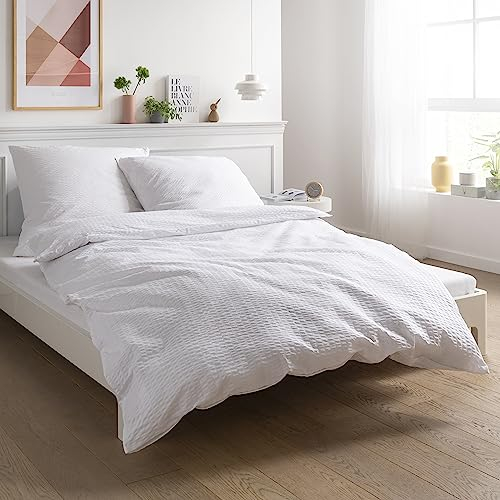 Carpe Sonno Seersucker Bettwäsche 155x220 Baumwolle | Kühlende Bettwäsche Sommer Bettbezug 155x220-cm Leichte Sommerbettwäsche Bügelfreie Bettwäsche-Sets | Weiße Bettwäsche Baumwolle 155x220