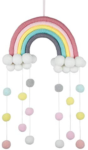 RAILONCH Nordic Regenbogen Wandbehang, handgewebte Wolken Regenbogen Makramee Wandteppich, Wanddeko mit Pompon für Neugeborene Babyzimmer (6)