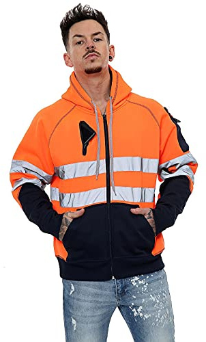 Janisramone Sweat à capuche réfléchissant haute visibilité en polaire contrastée pour homme et garçon, zippé avec 3 poches zippées Orange fluo/bleu marine, XXL
