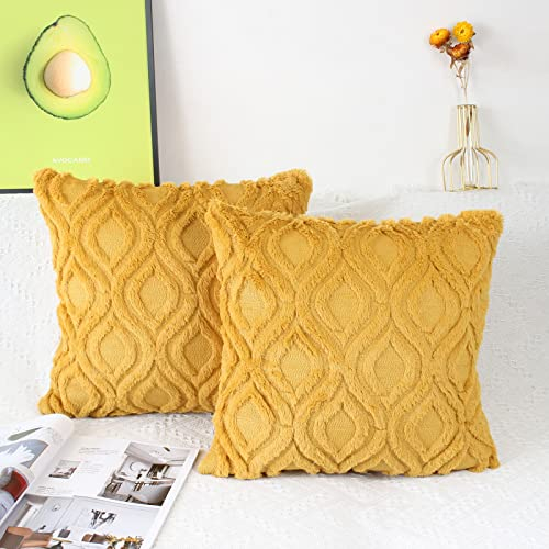 NIULAA 2er Set Plüsch Wolle Kissenbezug 45x45 cm Senfgelb Samt Boho Deko Kissen Flauschig Couchkissen Dekokissen Fell Kissenbezüge für Sofa Modern Kissenhülle Bezug Sofakissen Zierkissen