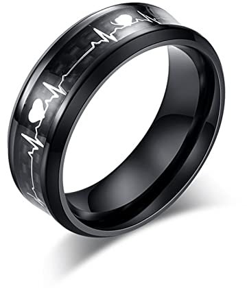 Banemi Men's Promise Ring, Electrocardiogram Titanium Steel Black Mens Wedding Bands Size V 1/2