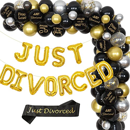 Just Divorced Party Dekorationen für Damen Herren Schwarz und Gold Ballon Girlande und Bogen Kit mit Just Divorced Schärpe und Folienbanner für Freedom Party Supplies