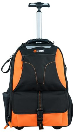 KUNN Rolling Tool Backpack,Heavy Duty 37-Pocket Tool Bag with Wheels for Electrician,Technician and HVAC,Orange