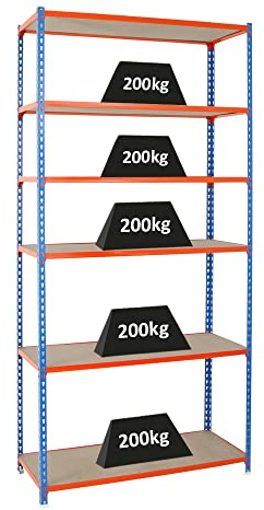 PROREGAL Schwerlastregal Giant MULI | HxBxT 250x110x40cm | 6 Fachböden | Fachlast 200kg | Blau-Orange | Lagerregal Kellerregal Werkstattregal Metallregal Fachbodenregal Steckregal