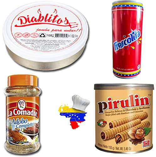 Set Degustación de Comida y Bebida Venezolana | Pack PREMIUM de Productos típicos de Venezuela [ Diablitos de Jamón para untar, Frescolita bebida gaseosa, sazón La Comadre y Pirulines ]