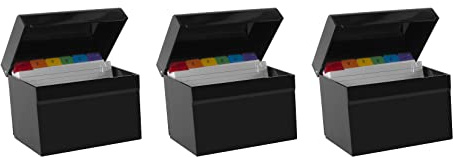 OSCO Small Black Hi-Gloss Plastic Index Box, 3 Pack, A to Z Divider Tabs, 100 Lined Notecards, Ruled Revision Flash, Recipe Notes, Contacts Filing, Desktop Organiser, Holds 5 × 3 Cards (127 × 76 mm)
