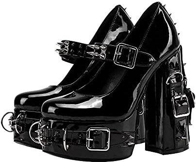 MissHeel Plateau Mary Janes mit Blockabsatz Damenschuhe Nieten High Heels Punk Gothic Lolita Stil Schwarz EU 37