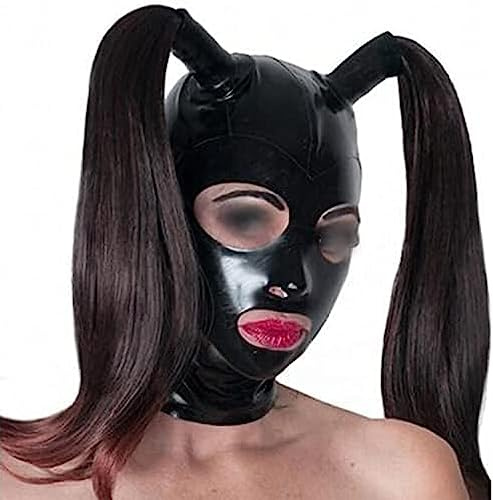 Schwarze Latexhaube Mit Doppeltem Schwarzem Pferdeschwanz, Perücke, Reißverschluss Hinten, Gummimaske, Cosplay-Party,Mit Blonder Perücke,XL