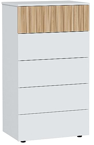 Habitdesign, Kommode mit 5 Schubladen – moderner Sinfonier in Artik weiß & Naturholzoptik, platzsparender Schubladenschrank für Schlafzimmer oder Büro, Maße: 61 x 109 x 40 cm (B x H x T), Modell Ethna