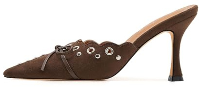 ATBELL Pantoletten mit Kätzchen-Absatz für Damen, Schleife, Wildleder, Stiletto-Absätze, Mule, spitze Zehen, Nieten, Slide-Absatz, Sandalen, Pumps für Hochzeit, Party, Schokolade, 37.5 EU