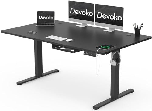 Devoko Escritorio Elevable Eléctrico 160 x 80 cm de Carga USB C, Escritorio Ajustable en Altura con Tablero, 3 Función de Memoria y Anticolisión, Regulable en Altura 72-118cm, Negro