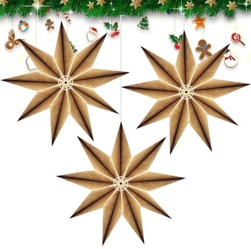 30cm Papiersterne Weihnachten,3 Stück Weihnachts Faltstern,Faltsterne Weihnachten,9 Zacken Holzfarbe Papiersterne zum Aufhängen,Sterne aus Papier,Papier Weihnachtsstern,Weihnachtsstern Fenster