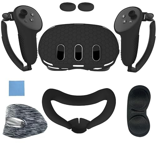 BeisDirect Kompatibel mit Meta Quest 3 Zubehör, VR Shell Cover, Silikon Gesichtsabdeckung mit Ersatz Nasenpad, Quest 3 Controller Grip Cover, Schutzlinsenabdeckung, Augenabdeckung (Schwarz)